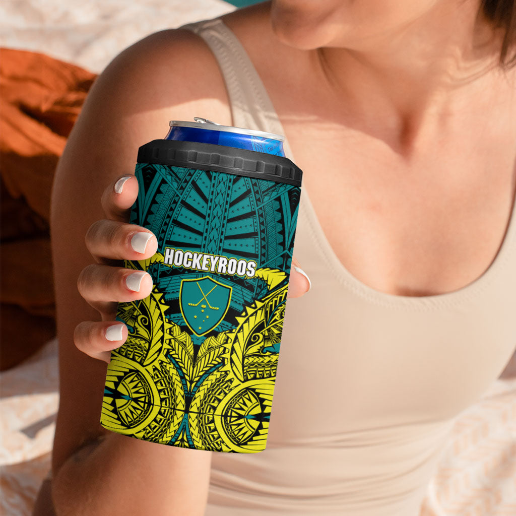 Personalized Hockeyroos Kangaroo Field Hockey 4 in 1 Can Cooler Tumbler Tribal Geometric Green Gold Symmetrical Pattern Design