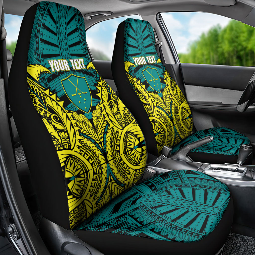 Personalized Hockeyroos Kangaroo Field Hockey Car Seat Cover Tribal Geometric Green Gold Symmetrical Pattern Design