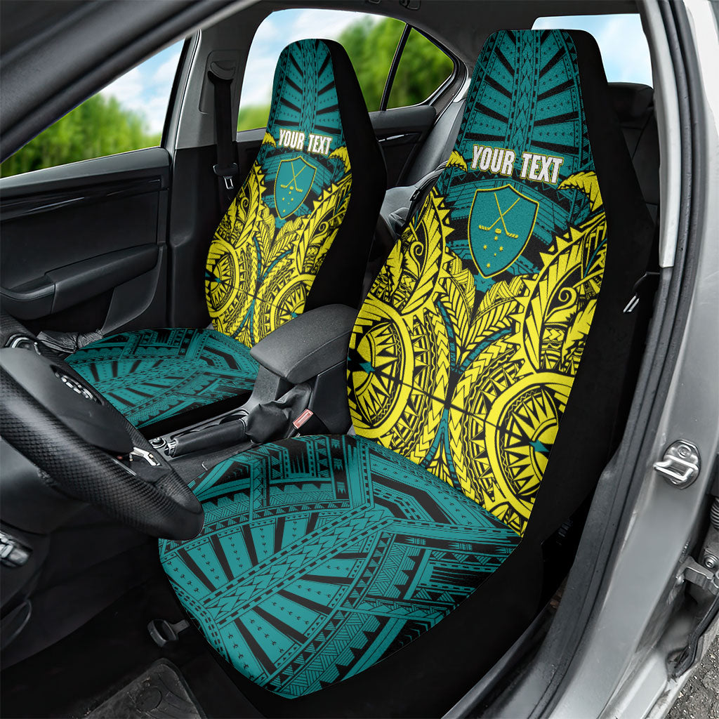 Personalized Hockeyroos Kangaroo Field Hockey Car Seat Cover Tribal Geometric Green Gold Symmetrical Pattern Design