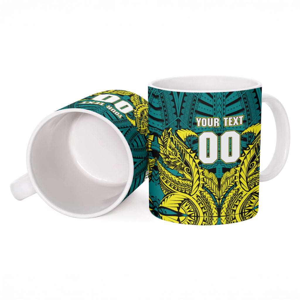 Personalized Hockeyroos Kangaroo Field Hockey Ceramic Mug Tribal Geometric Green Gold Symmetrical Pattern Design