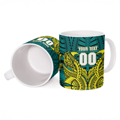 Personalized Hockeyroos Kangaroo Field Hockey Ceramic Mug Tribal Geometric Green Gold Symmetrical Pattern Design