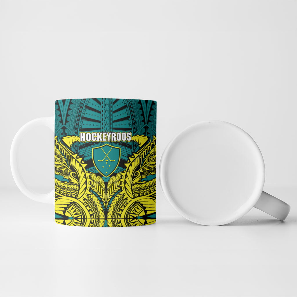Personalized Hockeyroos Kangaroo Field Hockey Ceramic Mug Tribal Geometric Green Gold Symmetrical Pattern Design