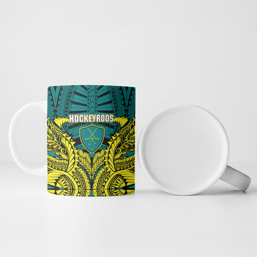 Personalized Hockeyroos Kangaroo Field Hockey Ceramic Mug Tribal Geometric Green Gold Symmetrical Pattern Design