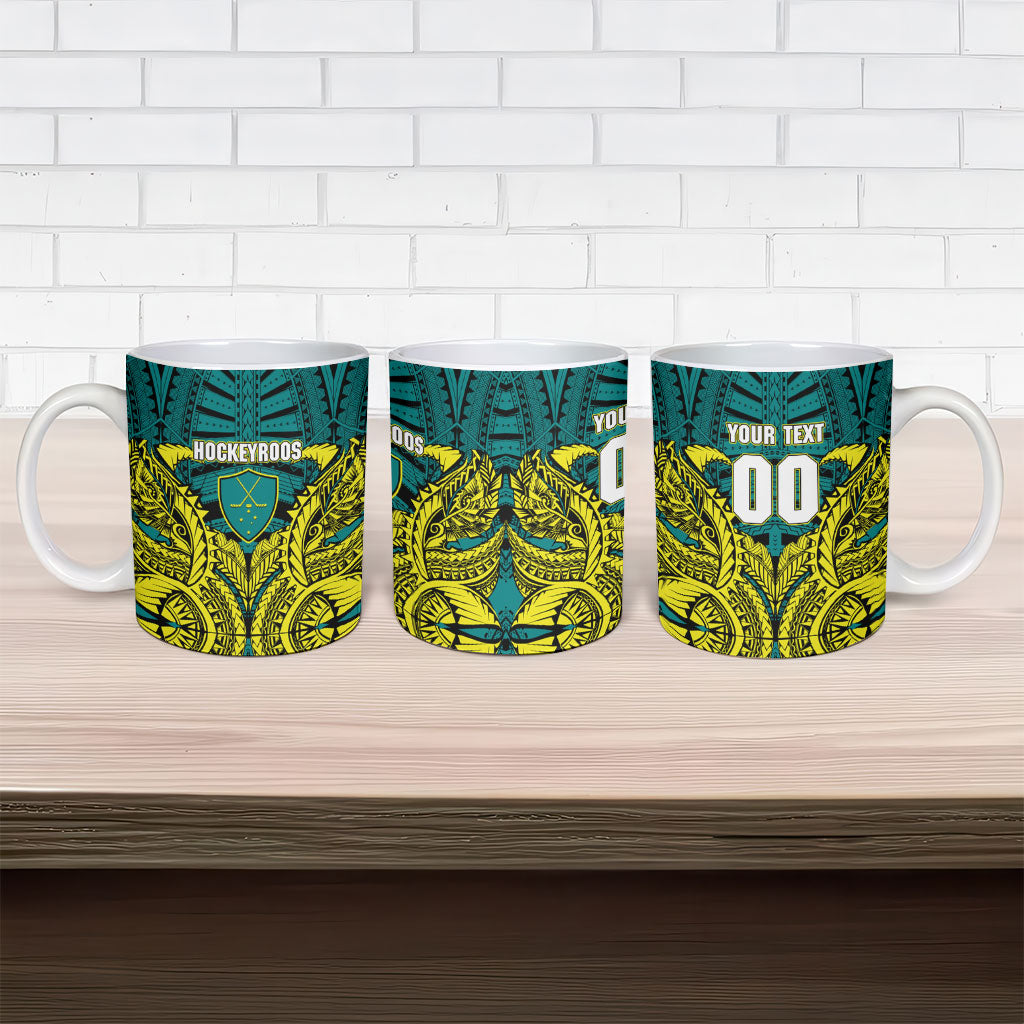 Personalized Hockeyroos Kangaroo Field Hockey Ceramic Mug Tribal Geometric Green Gold Symmetrical Pattern Design