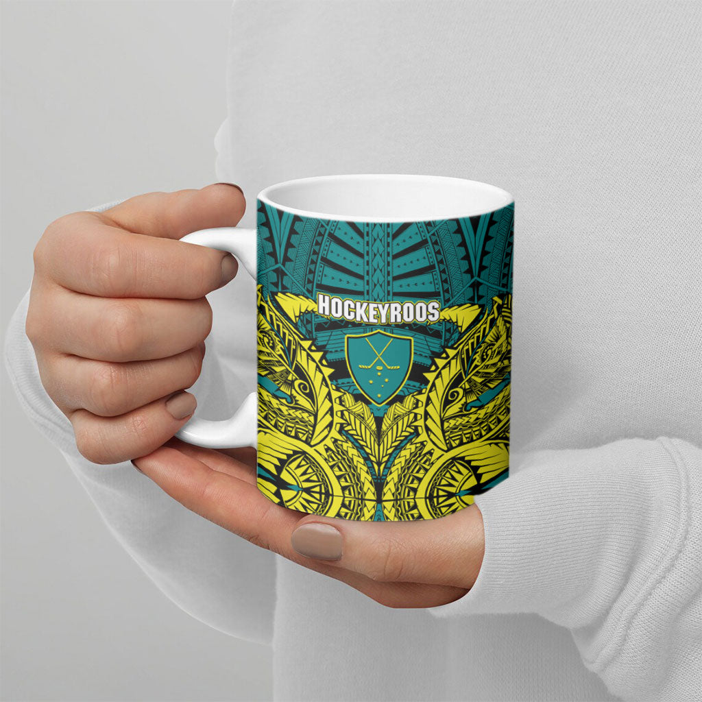 Personalized Hockeyroos Kangaroo Field Hockey Ceramic Mug Tribal Geometric Green Gold Symmetrical Pattern Design