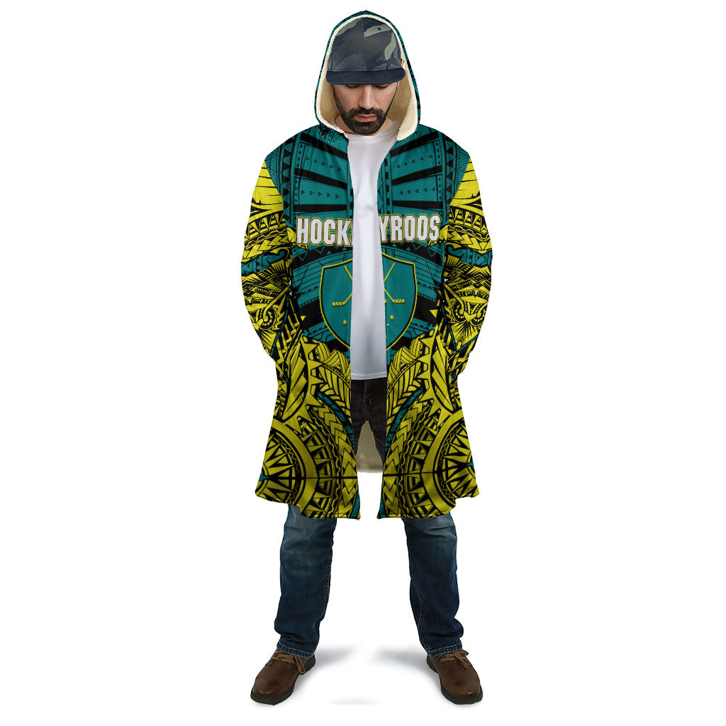 Personalized Hockeyroos Kangaroo Field Hockey Cloak Tribal Geometric Green Gold Symmetrical Pattern Design