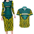 Personalized Hockeyroos Kangaroo Field Hockey Couples Matching Long Sleeve Bodycon Dress and Hawaiian Shirt Tribal Geometric Green Gold Symmetrical Pattern Design