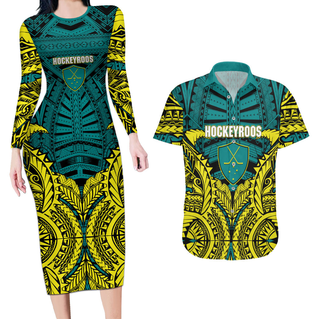 Personalized Hockeyroos Kangaroo Field Hockey Couples Matching Long Sleeve Bodycon Dress and Hawaiian Shirt Tribal Geometric Green Gold Symmetrical Pattern Design