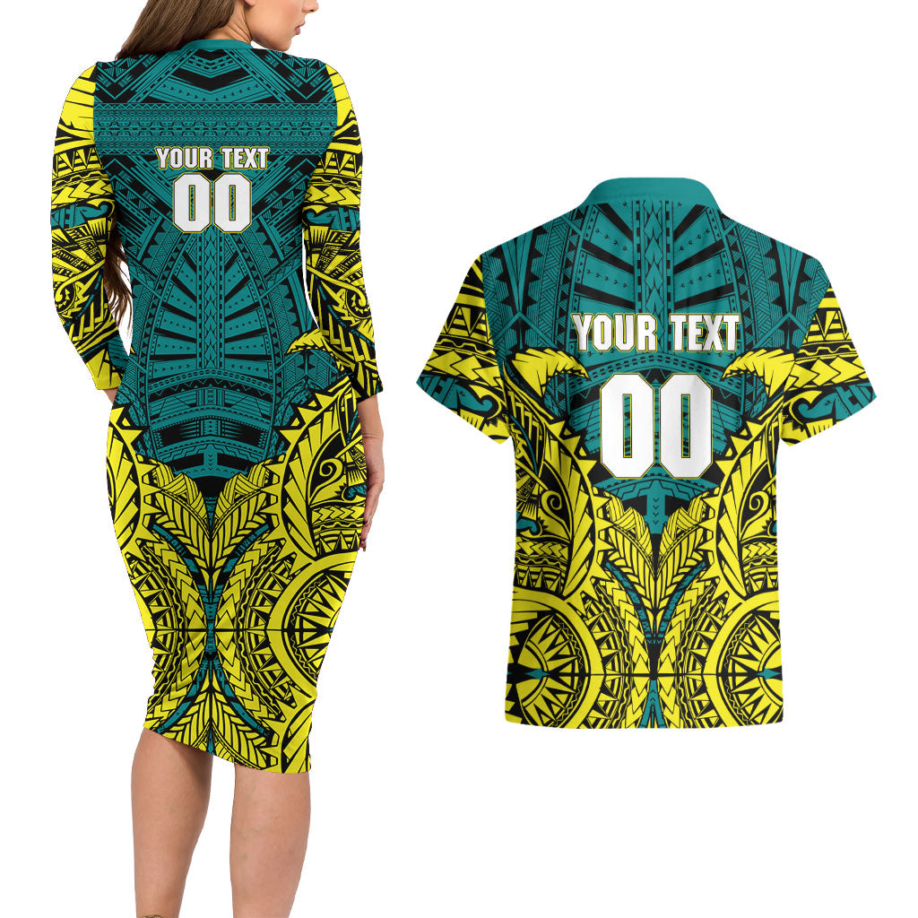 Personalized Hockeyroos Kangaroo Field Hockey Couples Matching Long Sleeve Bodycon Dress and Hawaiian Shirt Tribal Geometric Green Gold Symmetrical Pattern Design