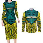 Personalized Hockeyroos Kangaroo Field Hockey Couples Matching Long Sleeve Bodycon Dress and Long Sleeve Button Shirt Tribal Geometric Green Gold Symmetrical Pattern Design