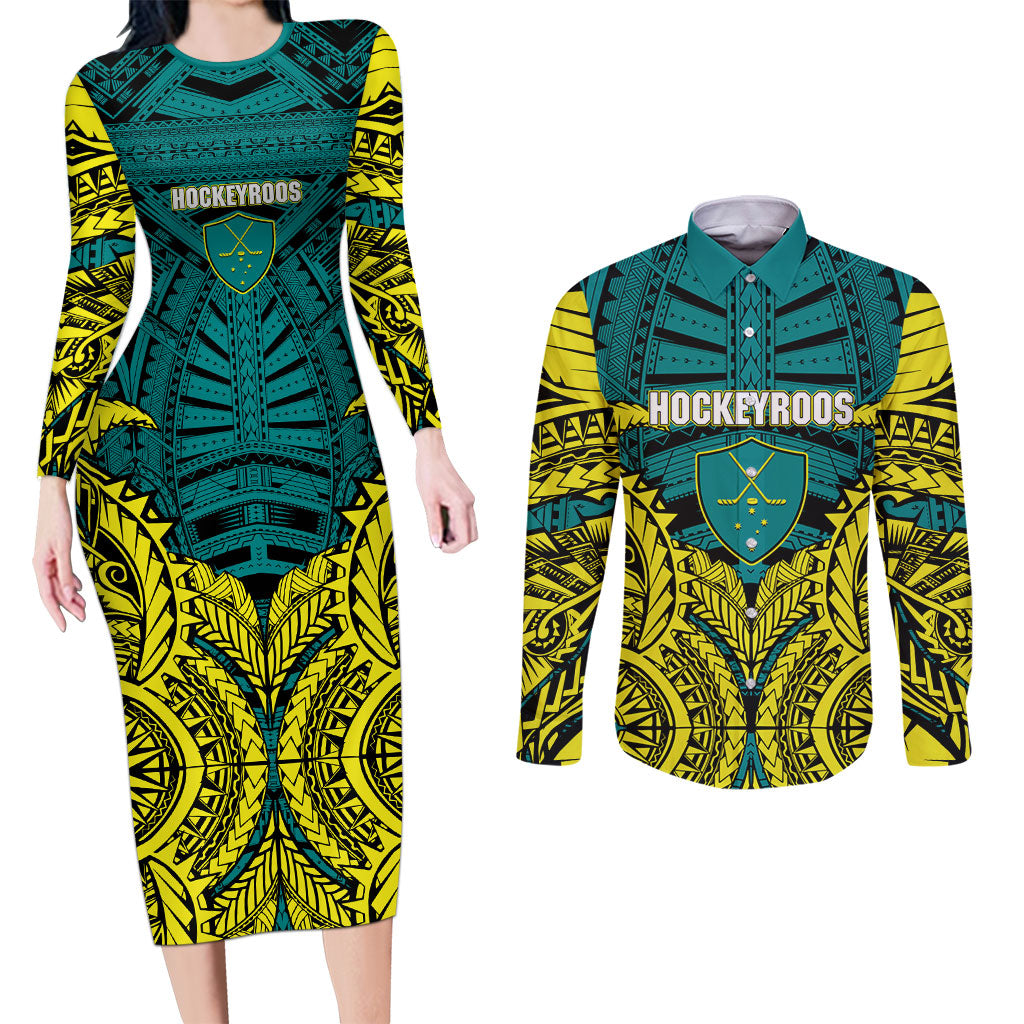 Personalized Hockeyroos Kangaroo Field Hockey Couples Matching Long Sleeve Bodycon Dress and Long Sleeve Button Shirt Tribal Geometric Green Gold Symmetrical Pattern Design