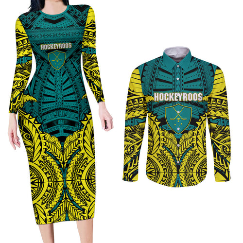 Personalized Hockeyroos Kangaroo Field Hockey Couples Matching Long Sleeve Bodycon Dress and Long Sleeve Button Shirt Tribal Geometric Green Gold Symmetrical Pattern Design