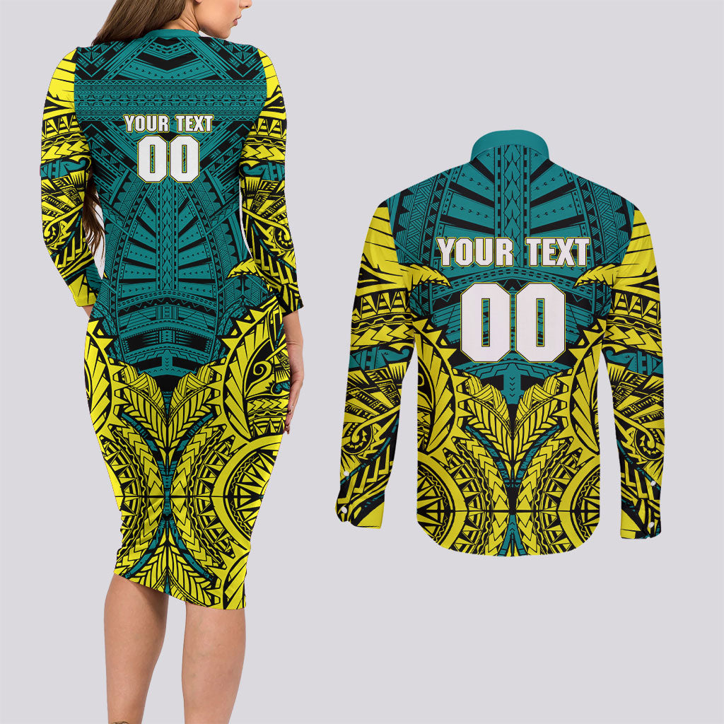 Personalized Hockeyroos Kangaroo Field Hockey Couples Matching Long Sleeve Bodycon Dress and Long Sleeve Button Shirt Tribal Geometric Green Gold Symmetrical Pattern Design