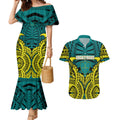 Personalized Hockeyroos Kangaroo Field Hockey Couples Matching Mermaid Dress and Hawaiian Shirt Tribal Geometric Green Gold Symmetrical Pattern Design