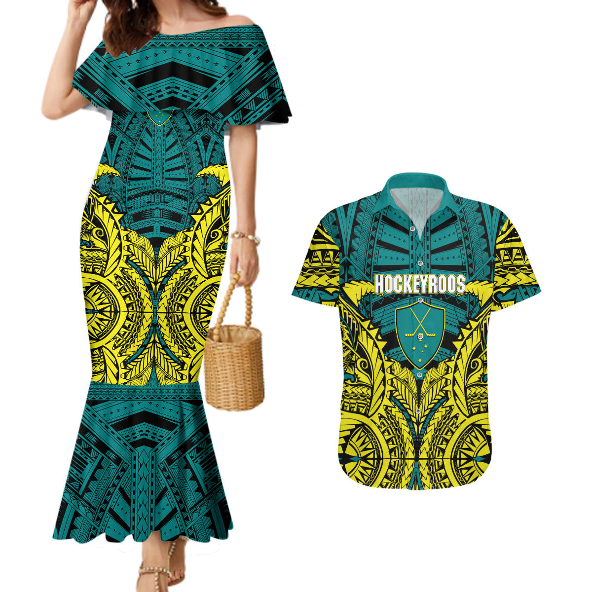 Personalized Hockeyroos Kangaroo Field Hockey Couples Matching Mermaid Dress and Hawaiian Shirt Tribal Geometric Green Gold Symmetrical Pattern Design