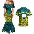 Personalized Hockeyroos Kangaroo Field Hockey Couples Matching Mermaid Dress and Hawaiian Shirt Tribal Geometric Green Gold Symmetrical Pattern Design