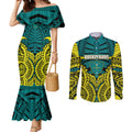 Personalized Hockeyroos Kangaroo Field Hockey Couples Matching Mermaid Dress and Long Sleeve Button Shirt Tribal Geometric Green Gold Symmetrical Pattern Design