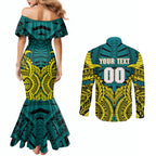 Personalized Hockeyroos Kangaroo Field Hockey Couples Matching Mermaid Dress and Long Sleeve Button Shirt Tribal Geometric Green Gold Symmetrical Pattern Design