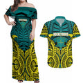 Personalized Hockeyroos Kangaroo Field Hockey Couples Matching Off Shoulder Maxi Dress and Hawaiian Shirt Tribal Geometric Green Gold Symmetrical Pattern Design