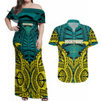 Personalized Hockeyroos Kangaroo Field Hockey Couples Matching Off Shoulder Maxi Dress and Hawaiian Shirt Tribal Geometric Green Gold Symmetrical Pattern Design