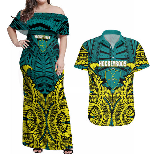 Personalized Hockeyroos Kangaroo Field Hockey Couples Matching Off Shoulder Maxi Dress and Hawaiian Shirt Tribal Geometric Green Gold Symmetrical Pattern Design