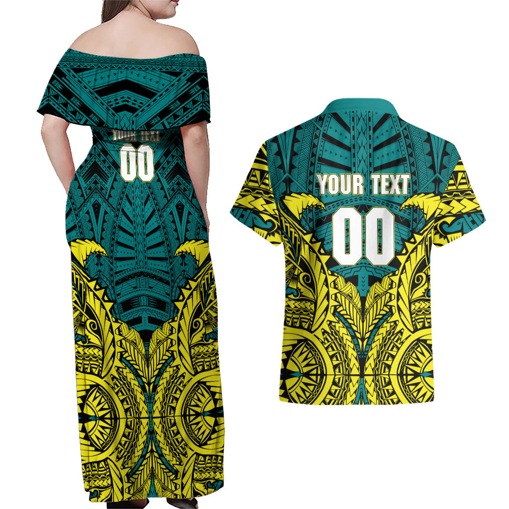 Personalized Hockeyroos Kangaroo Field Hockey Couples Matching Off Shoulder Maxi Dress and Hawaiian Shirt Tribal Geometric Green Gold Symmetrical Pattern Design