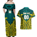 Personalized Hockeyroos Kangaroo Field Hockey Couples Matching Off Shoulder Maxi Dress and Hawaiian Shirt Tribal Geometric Green Gold Symmetrical Pattern Design