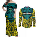 Personalized Hockeyroos Kangaroo Field Hockey Couples Matching Off Shoulder Maxi Dress and Long Sleeve Button Shirt Tribal Geometric Green Gold Symmetrical Pattern Design