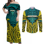 Personalized Hockeyroos Kangaroo Field Hockey Couples Matching Off Shoulder Maxi Dress and Long Sleeve Button Shirt Tribal Geometric Green Gold Symmetrical Pattern Design