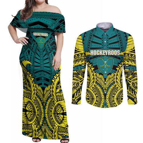 Personalized Hockeyroos Kangaroo Field Hockey Couples Matching Off Shoulder Maxi Dress and Long Sleeve Button Shirt Tribal Geometric Green Gold Symmetrical Pattern Design
