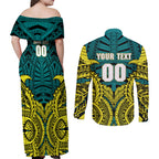 Personalized Hockeyroos Kangaroo Field Hockey Couples Matching Off Shoulder Maxi Dress and Long Sleeve Button Shirt Tribal Geometric Green Gold Symmetrical Pattern Design