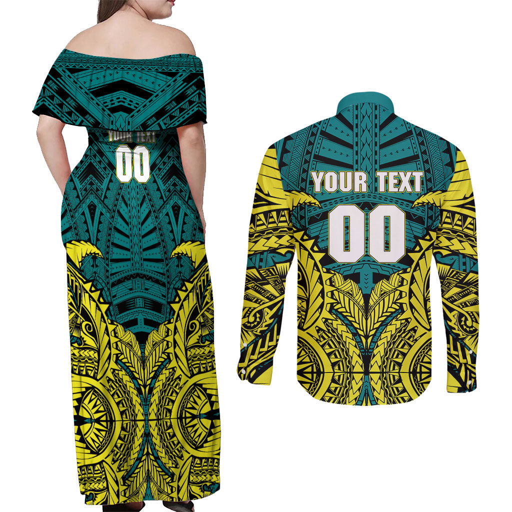 Personalized Hockeyroos Kangaroo Field Hockey Couples Matching Off Shoulder Maxi Dress and Long Sleeve Button Shirt Tribal Geometric Green Gold Symmetrical Pattern Design