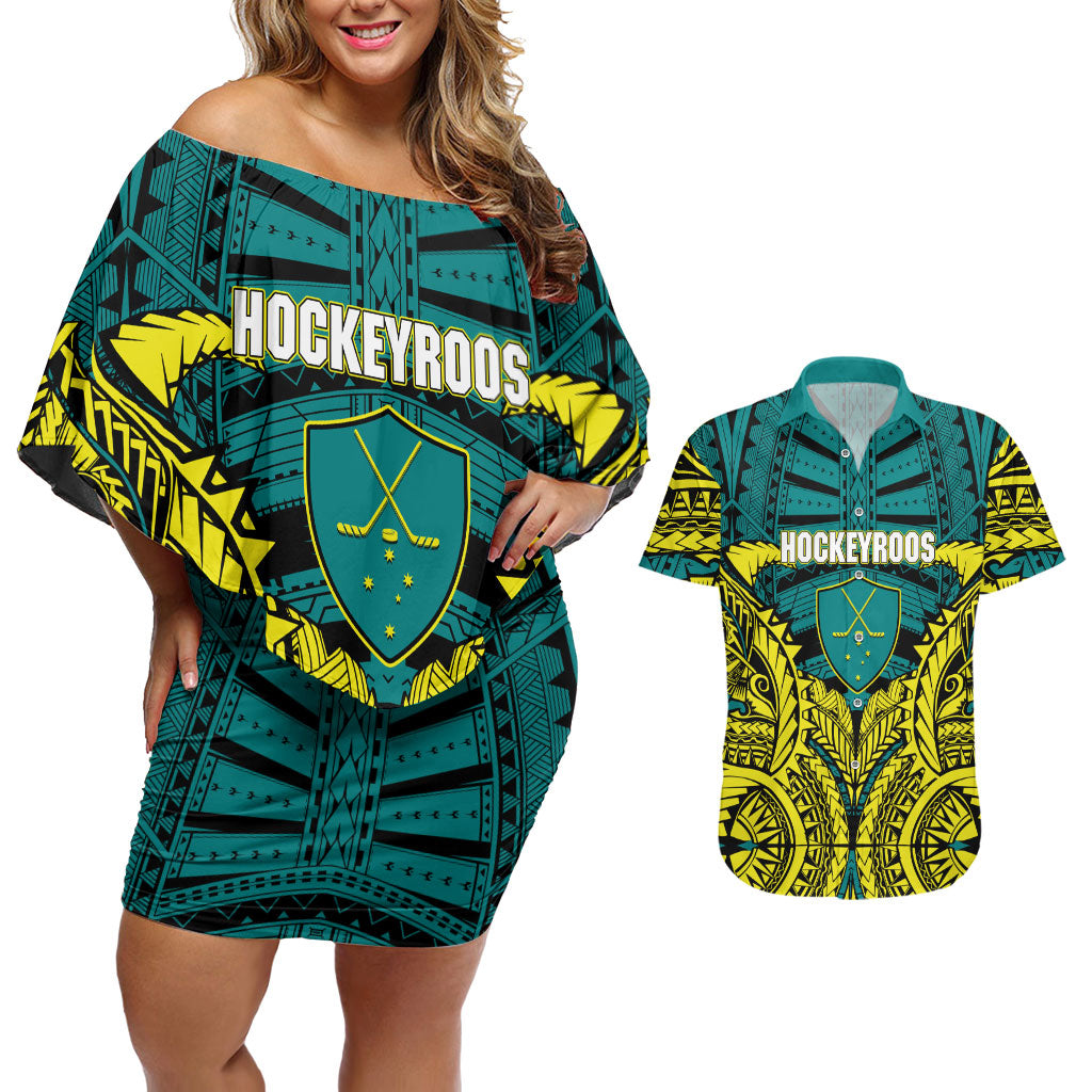 Personalized Hockeyroos Kangaroo Field Hockey Couples Matching Off Shoulder Short Dress and Hawaiian Shirt Tribal Geometric Green Gold Symmetrical Pattern Design