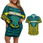 Personalized Hockeyroos Kangaroo Field Hockey Couples Matching Off Shoulder Short Dress and Hawaiian Shirt Tribal Geometric Green Gold Symmetrical Pattern Design