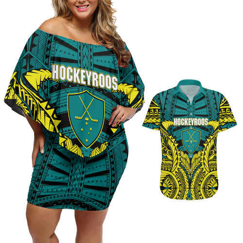 Personalized Hockeyroos Kangaroo Field Hockey Couples Matching Off Shoulder Short Dress and Hawaiian Shirt Tribal Geometric Green Gold Symmetrical Pattern Design