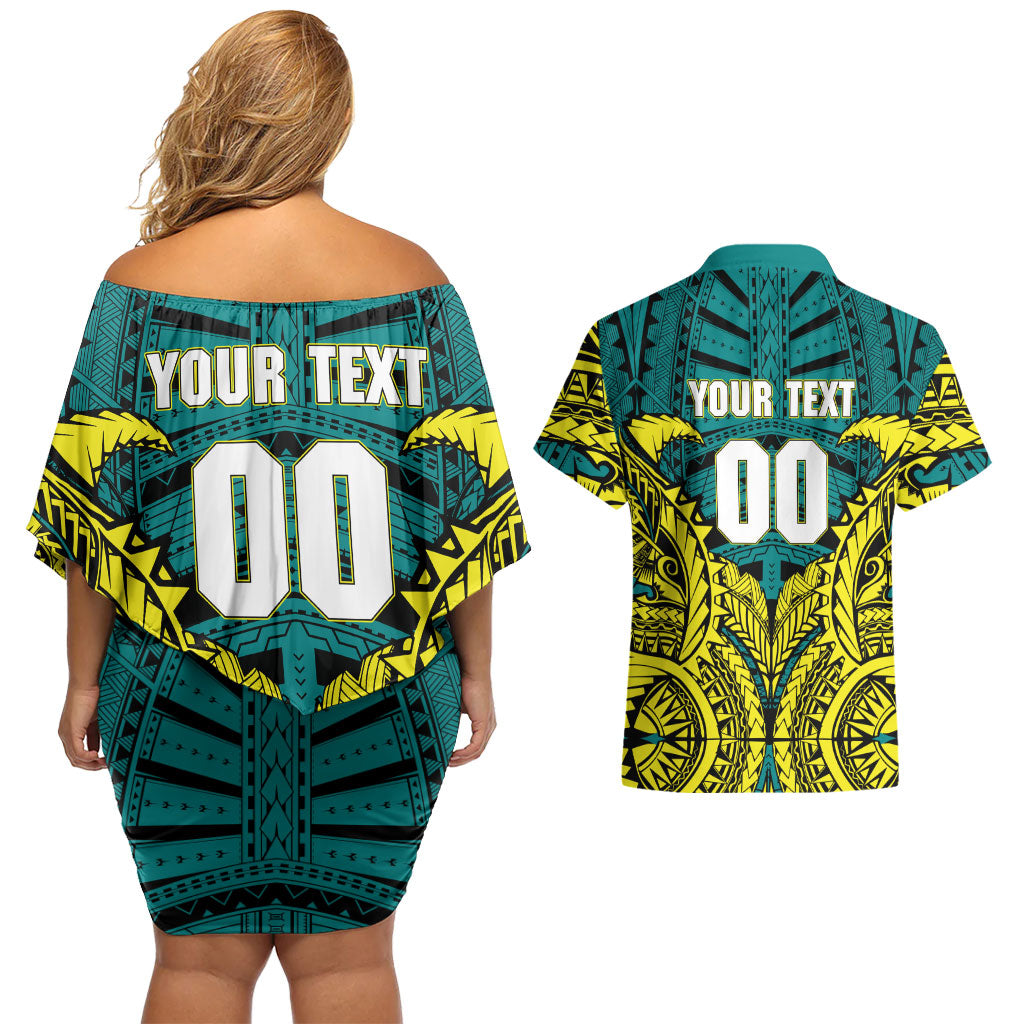 Personalized Hockeyroos Kangaroo Field Hockey Couples Matching Off Shoulder Short Dress and Hawaiian Shirt Tribal Geometric Green Gold Symmetrical Pattern Design