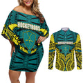 Personalized Hockeyroos Kangaroo Field Hockey Couples Matching Off Shoulder Short Dress and Long Sleeve Button Shirt Tribal Geometric Green Gold Symmetrical Pattern Design