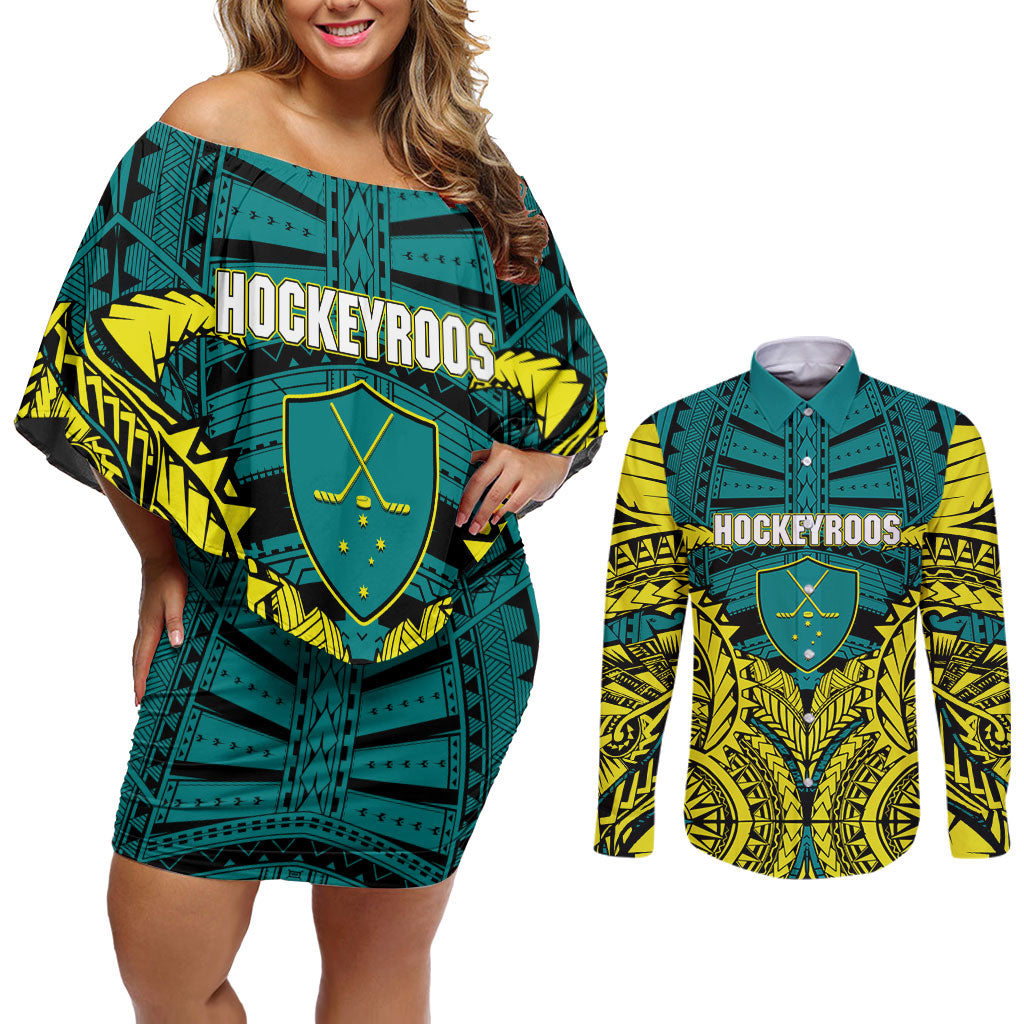 Personalized Hockeyroos Kangaroo Field Hockey Couples Matching Off Shoulder Short Dress and Long Sleeve Button Shirt Tribal Geometric Green Gold Symmetrical Pattern Design