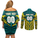 Personalized Hockeyroos Kangaroo Field Hockey Couples Matching Off Shoulder Short Dress and Long Sleeve Button Shirt Tribal Geometric Green Gold Symmetrical Pattern Design