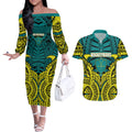 Personalized Hockeyroos Kangaroo Field Hockey Couples Matching Off The Shoulder Long Sleeve Dress and Hawaiian Shirt Tribal Geometric Green Gold Symmetrical Pattern Design