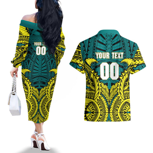 Personalized Hockeyroos Kangaroo Field Hockey Couples Matching Off The Shoulder Long Sleeve Dress and Hawaiian Shirt Tribal Geometric Green Gold Symmetrical Pattern Design