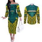 Personalized Hockeyroos Kangaroo Field Hockey Couples Matching Off The Shoulder Long Sleeve Dress and Long Sleeve Button Shirt Tribal Geometric Green Gold Symmetrical Pattern Design