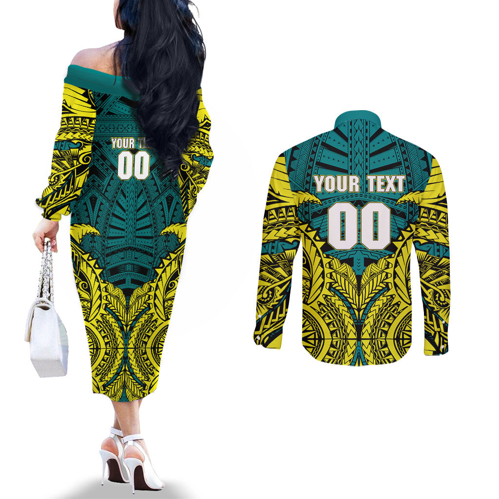 Personalized Hockeyroos Kangaroo Field Hockey Couples Matching Off The Shoulder Long Sleeve Dress and Long Sleeve Button Shirt Tribal Geometric Green Gold Symmetrical Pattern Design