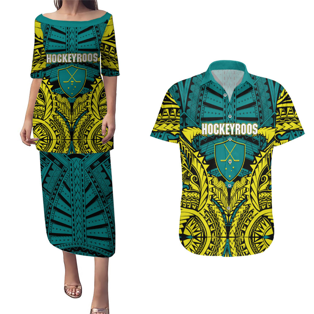 Personalized Hockeyroos Kangaroo Field Hockey Couples Matching Puletasi and Hawaiian Shirt Tribal Geometric Green Gold Symmetrical Pattern Design