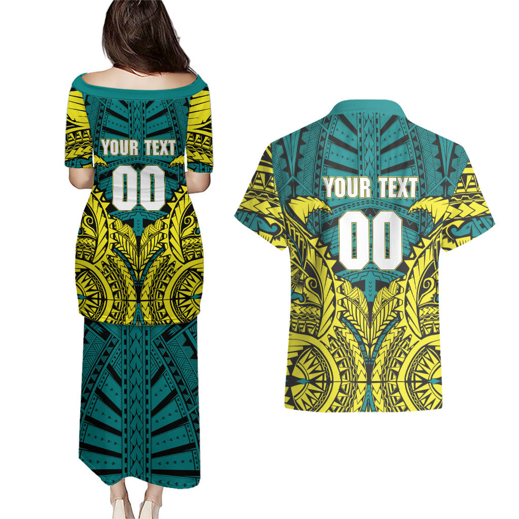 Personalized Hockeyroos Kangaroo Field Hockey Couples Matching Puletasi and Hawaiian Shirt Tribal Geometric Green Gold Symmetrical Pattern Design