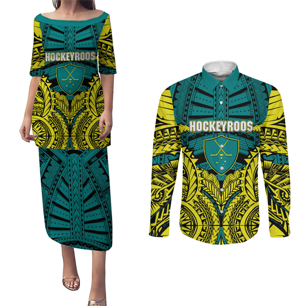 Personalized Hockeyroos Kangaroo Field Hockey Couples Matching Puletasi and Long Sleeve Button Shirt Tribal Geometric Green Gold Symmetrical Pattern Design