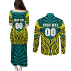 Personalized Hockeyroos Kangaroo Field Hockey Couples Matching Puletasi and Long Sleeve Button Shirt Tribal Geometric Green Gold Symmetrical Pattern Design