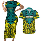 Personalized Hockeyroos Kangaroo Field Hockey Couples Matching Short Sleeve Bodycon Dress and Hawaiian Shirt Tribal Geometric Green Gold Symmetrical Pattern Design