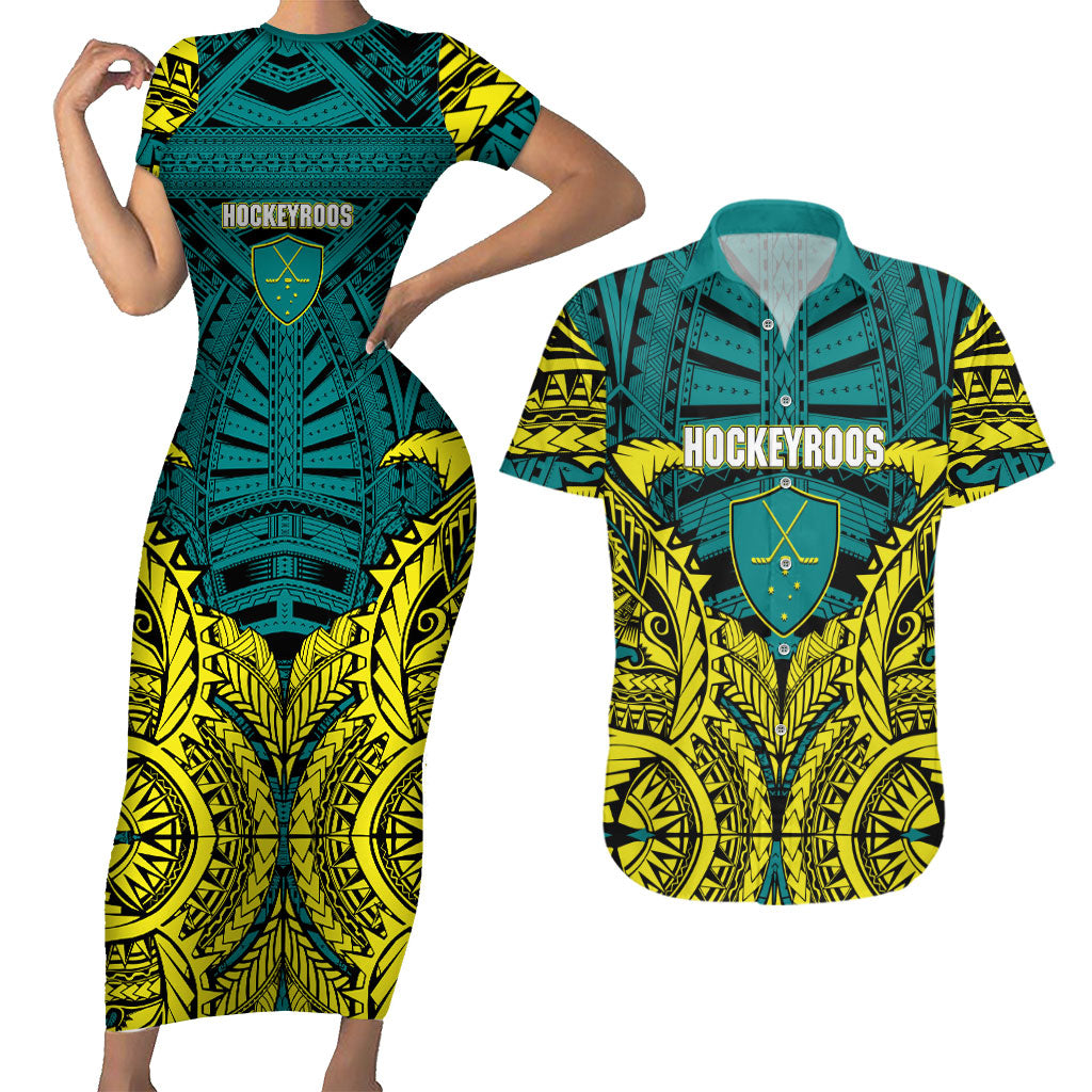 Personalized Hockeyroos Kangaroo Field Hockey Couples Matching Short Sleeve Bodycon Dress and Hawaiian Shirt Tribal Geometric Green Gold Symmetrical Pattern Design