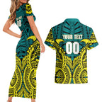 Personalized Hockeyroos Kangaroo Field Hockey Couples Matching Short Sleeve Bodycon Dress and Hawaiian Shirt Tribal Geometric Green Gold Symmetrical Pattern Design